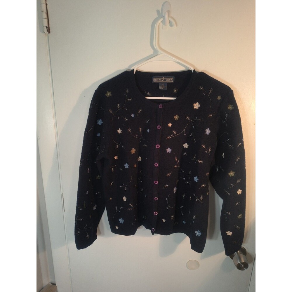 VTG Herman Geist 100% Wool Hand Embroidered Floral Cardigan M Cottagecore Navy